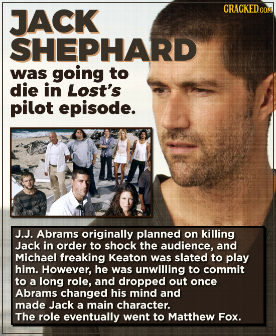 JACK SHEPHARD was going to die in Lost's pilot episode. J.J. Abrams originally planned on killing Jack in order to shock the audience, and Michael fre