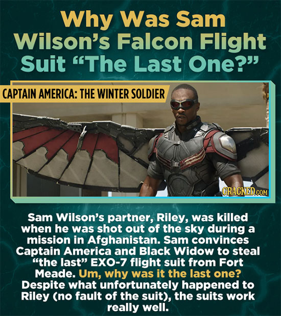 Why Was Sam Wilson's Falcon Flight Suit The Last One? CAPTAIN AMERICA: THE WINTER SOLDIER Sam Wilson's partner, Riley, was killed when he was shot o