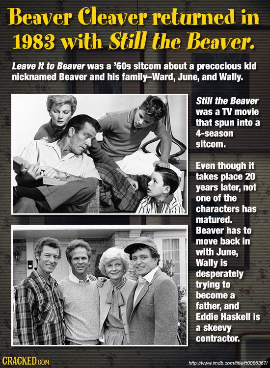 Beaver Cleaver returned in 1983 with Still the Beaver. Leave It to Beaver was a '60s sitcom about a precocious kid nicknamed Beaver and his family-War