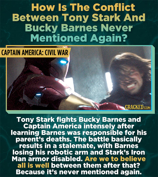 How Is The Conflict Between Tony Stark And Bucky Barnes Never Mentioned Again? CAPTAIN AMERICA: CIVIL WAR Tony Stark fights Bucky Barnes and Captain A