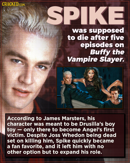 CRACKED COM SPIKE was supposed to die after five episodes on Buffy the Vampire Slayer. According to James Marsters, his character was meant to be Drus