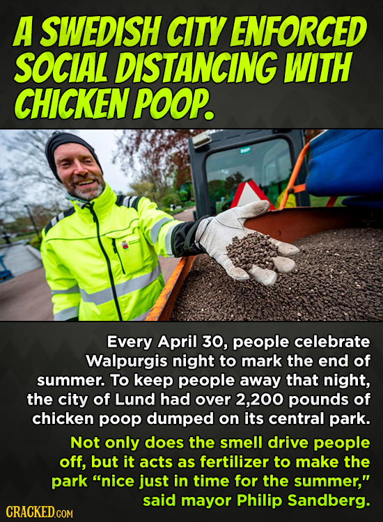 A SWEDISH CITY ENFORCED SOCIAL DISTANCING WITH CHICKEN POOP. Every April 30, people celebrate Walpurgis night to mark the end of summer. To keep peopl