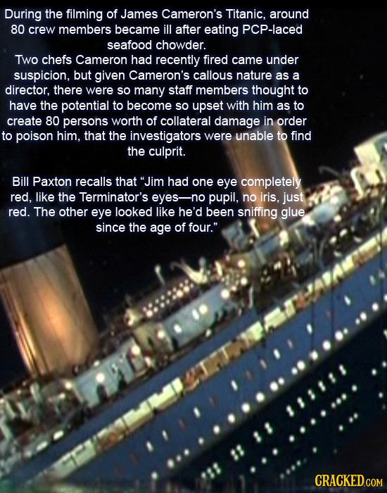 During the filming of James Cameron's Titanic, around 80 crew members became ill after eating PCP-laced seafood chowder. Two chefs Cameron had recentl