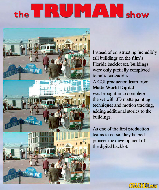 TRUMAN the show Instead of constructing incredibly tall buildings on the film's Florida backlot set, buildings REA BOGART AVE were only partially comp