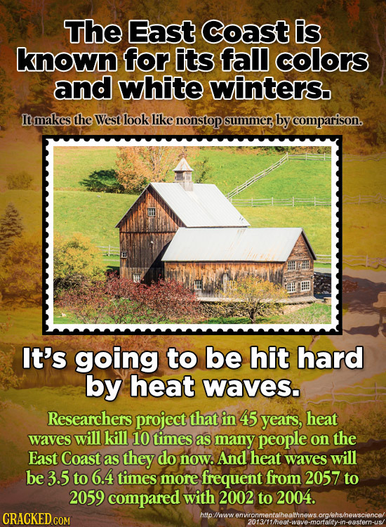 The East Coast is known for its fall colors and white winters. Itmakes the West look like nonstop Summer, by comparison. It's going to be hit hard by