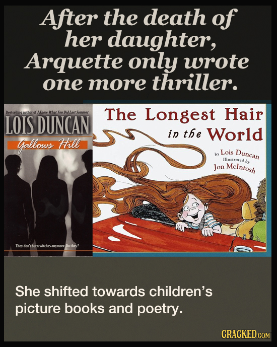 After the death of her daughter, Arquette only wrote one more thriller. Bestsellins now Wat You Didlst Samer The Longest Hair author LOIS DUNCAN in th