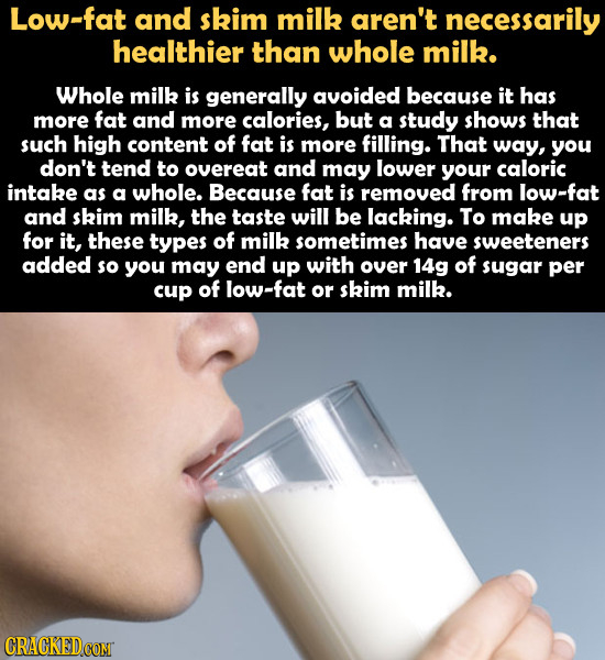 Low-fat and skim milk aren't necessarily healthier than whole milk. Whole milk is generally avoided because it has more fat and more calories, but a s