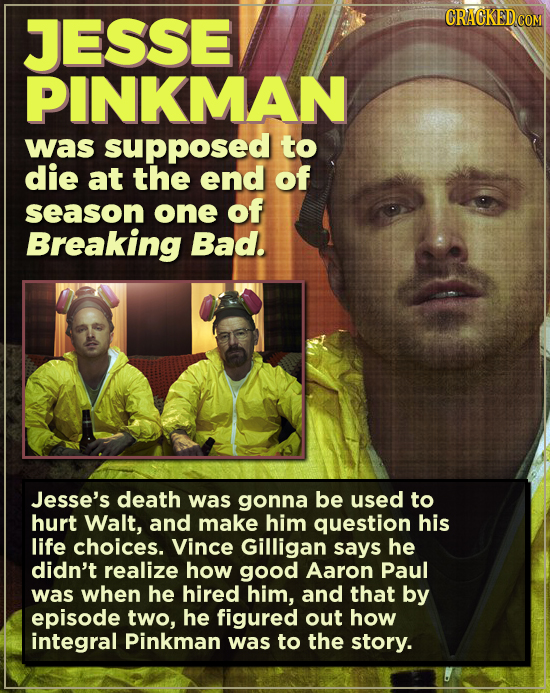 JESSE PINKMAN was supposed to die at the end of season one of Breaking Bad. Jesse's death was gonna be used to hurt Walt, and make him question his li