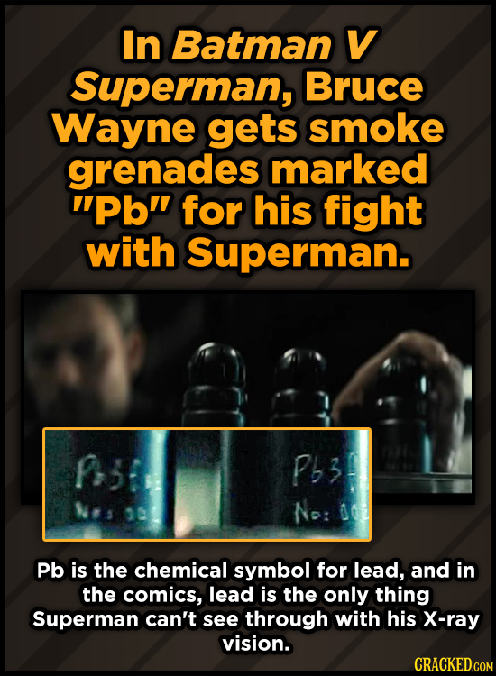 In Batman V Superman, Bruce Wayne gets smoke grenades marked pb for his fight with Superman. p3 P63 No: 6 Pb is the chemical symbol for lead, and in