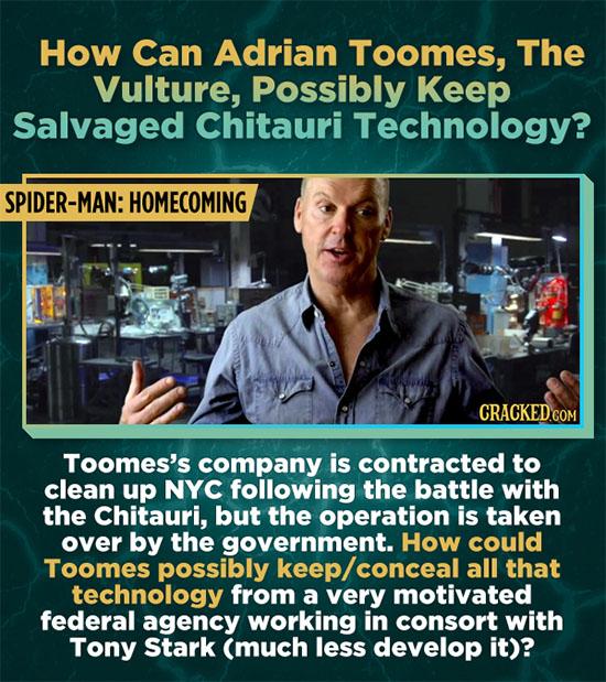 How Can Adrian Toomes, The Vulture, Possibly Keep Salvaged Chitauri Technology? SPIDER-MAN: HOMECOMING Toomes's company is contracted to clean up NYC