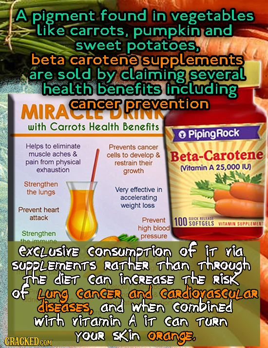 A pigment found in vegetables Like carrots, pumpkin and sweet potatoes, beta carotene supplements are sold by claiming several health benefits includi