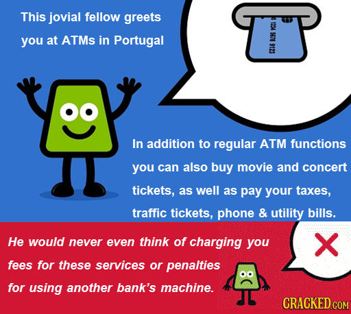 This jovial fellow greets 1234 you at ATMs in Portugal 5678 09 In addition to regular ATM functions you can also buy movie and concert tickets, as wel