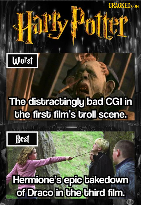 Harry Potter CRACKEDGO Worst The distractingly bad CGI in the first film's troll scene. Best Hermione's epic takedown of Draco in the third film.