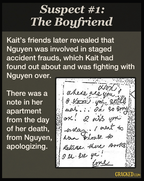 Suspect #1: The Boyfriend Kait's friends later revealed that Nguyen was involved in staged accident frauds, which Kait had found out about and was fig