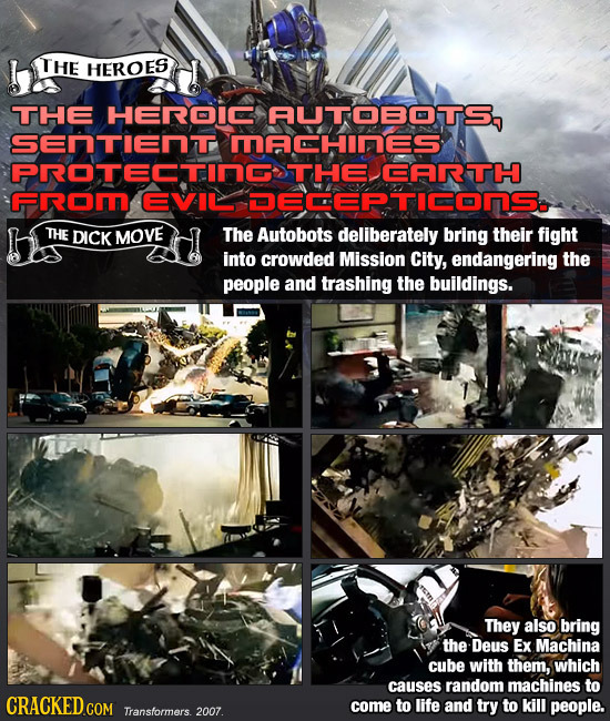 THE HEROES THE HEROIC AUTOBOTS SENTIENT MADHINES PROTECTING THE GARTTH From EVIL DECEPTICONS. THE DICK MOVE The Autobots deliberately bring their figh