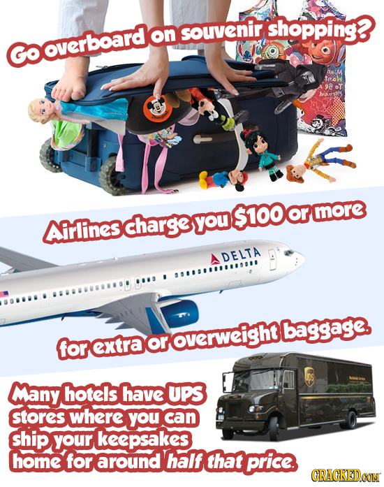 souvenir shopping3 on Gooverboardk 98 Airlines chargeyoustooormore DELTA 811109111888 U08O overweighi baggage. for extra or UDS Many hotels have UPS s