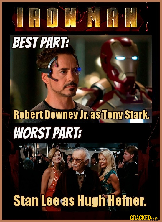 IRONMAN BEST PART: Robert Downey Jr. as Tony Stark. WORST PART: Stan Lee as Hugh Hefner. CRACKED.COM 