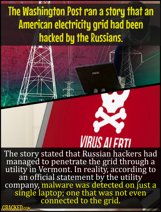The Washington Post ran a story that an American electricity grid had been hacked by the Russians. VIRUS Al FRTI The story stated that Russian hackers