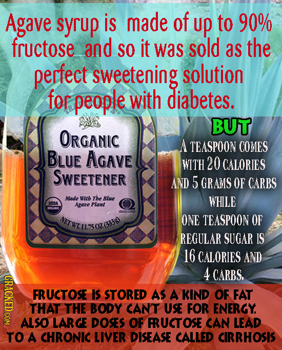 Agave syruP is made of up to 90% fructose and SO it was sold as the perfect sweetening solution for people with diabetes. BUT ORGANIC A TEASPOON COMES