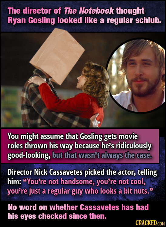 The director of The Notebook thought Ryan Gosling looked like a regular schlub. You might assume that Gosling gets movie roles thrown his way because