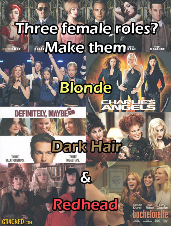 Three female roles? Make them ISLA FARET TOREY FISHER EDGES BICKI MAGUIRE Blonde CHARLIE'S ANGELS DEFINITELY, MAYBE Dark Hair THREE THREE RELATIONSHIP