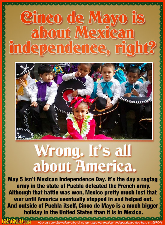 Cinco de Mayo is about Mexican independence, right? Wrong. It's all about America. May 5 isn't Mexican Independence Day. it's the day a ragtag army in