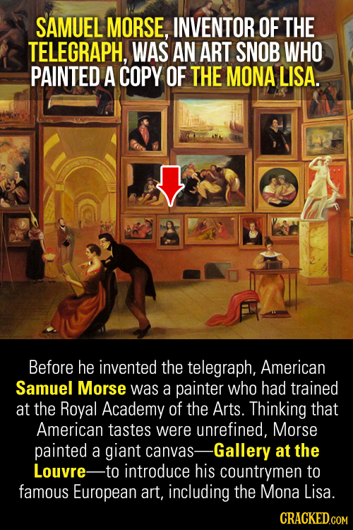 SAMUEL MORSE, INVENTOR OF THE TELEGRAPH, WAS AN ART SNOB WHO PAINTED A COPY OF THE MONA LISA. Before he invented the telegraph, American Samuel Morse