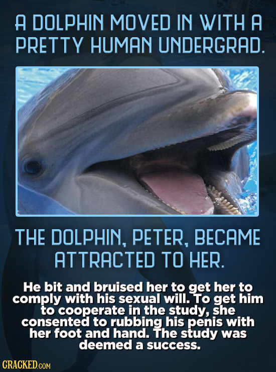A DOLPHIN MOVED IN WITH A PRETTY HUMAN UNDERGRAD. THE DOLPHIN, PETER, BECAME TRACTED TO HER. He bit and bruised her to get her to comply with his sexu