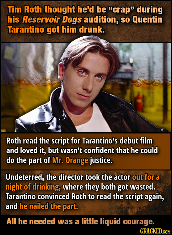 Tim Roth thought he'd be crap during his Reservoir Dogs audition, So Quentin Tarantino got him drunk. Roth read the script for Tarantino's debut fil
