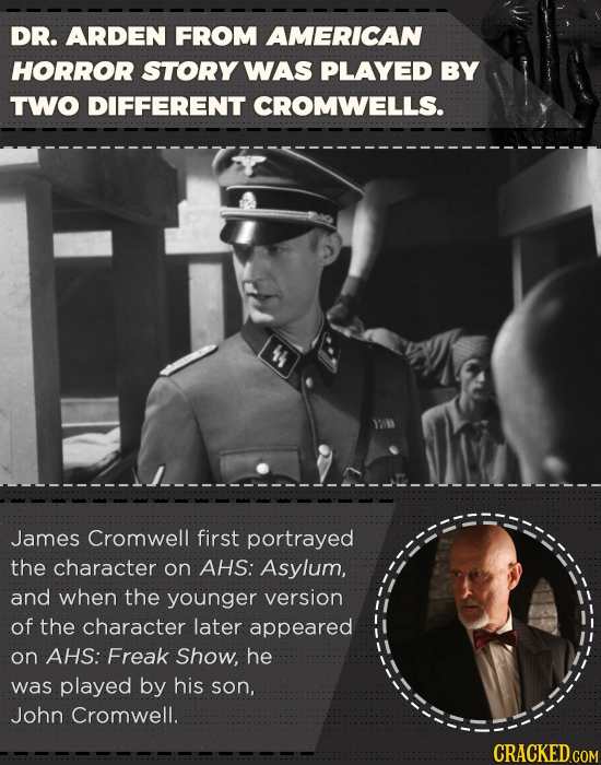 DR. ARDEN FROM AMERICAN HORROR STORY WAS PLAYED BY TWO DIFFERENT CROMWELLS. 44 James Cromwell first portrayed the Character on AHS: Asylum, and when t