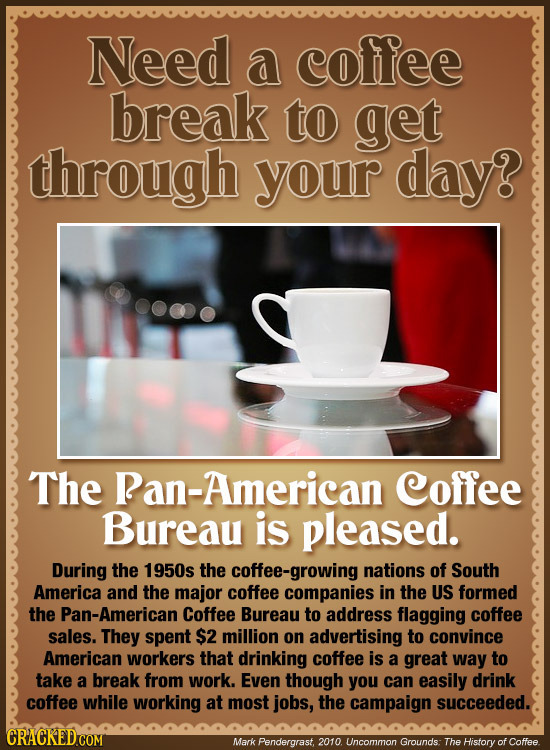 Need a coffee break to get through your day? The Ran-American Coffee Bureau is pleased. During the 1950s the coffee-growing nations of South America a