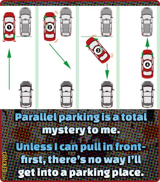 Parallel parking is a total mystery to me: Unless I can Pull in front CRACL frst, there's no way I'LL get into a parking place