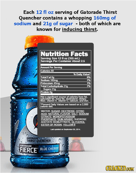 Each 12 fl OZ serving of Gatorade Thirst Quencher contains a whopping 160mg of sodium and 21g of sugar -both of which are known for inducing thirst. N