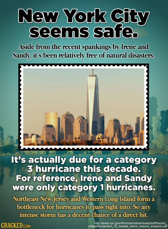 New York CIty seems safe Aside from the recent spankings by Irene and Sandy, it's been relatively free of natural disasters. It's actually due for a c