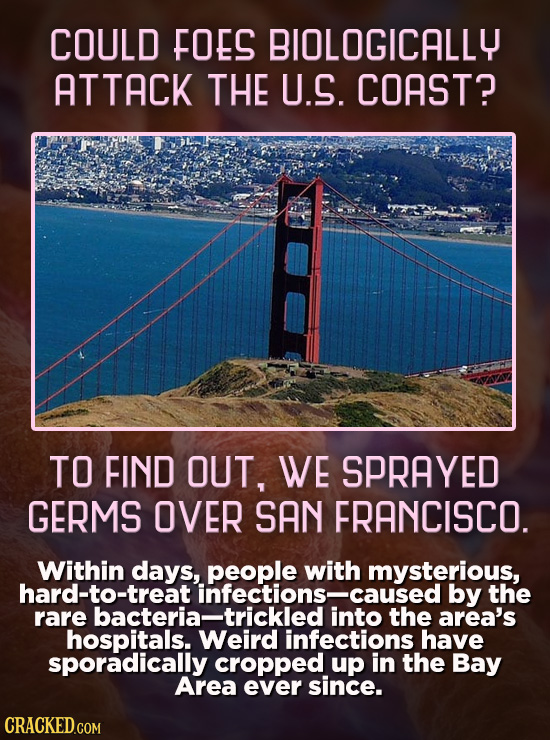 COULD FOES BIOLOGICALLY ATTACK THE U.S. COAST? TO FIND OUT, WE SPRAYED GERMS OVER SAN FRANCISCO. Within days, people mysterious, hard-to-treati by the