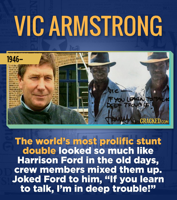 18 Amazing People Too Many Of Us Haven't Heard Of - The world’s most prolific stunt double looked so much like Harrison Ford in the old days, crew mem