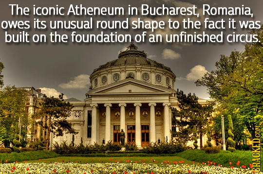 The iconic Atheneum in Bucharest, Romania, owes its unusual round shape to the fact it was built on the foundation of an unfinished circus. COR CRACKE