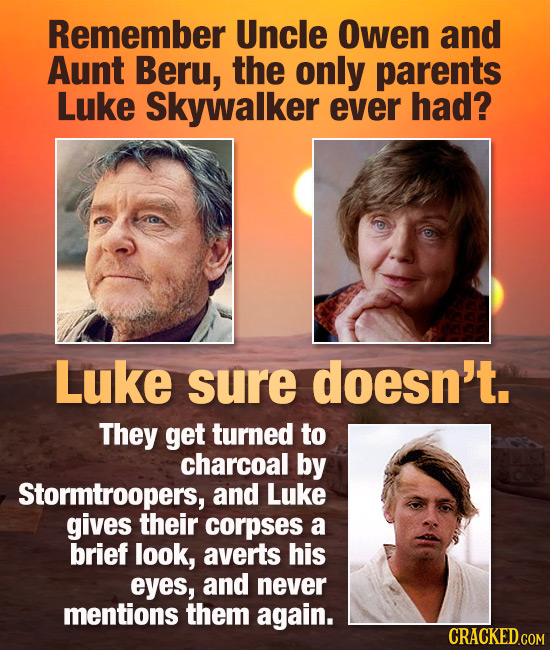 Remember Uncle Owen and Aunt Beru, the only parents Luke Skywalker ever had? Luke sure doesn't. They get turned TO charcoal by Stormtroopers, and Luke