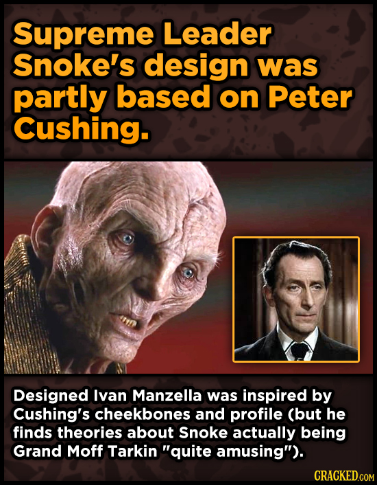 Supreme Leader Snoke's design was partly based on Peter Cushing. Designed lvan Manzella was inspired by Cushing's cheekbones and profile (but he finds