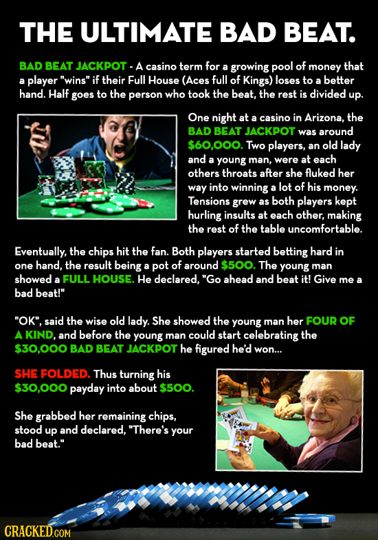 THE ULTIMATE BAD BEAT. BAD BEAT JACKPOT - A casino term for growing pool of money that a a player wins if their Full House (Aces full of Kings) lose