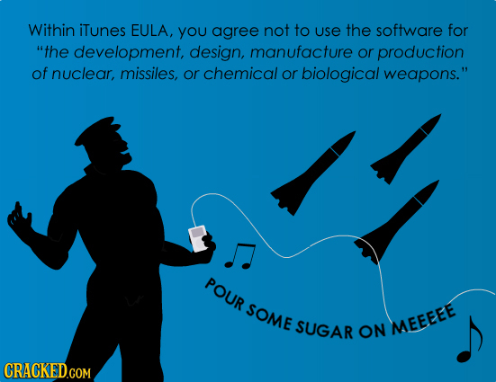 Within iTunes EULA, you agree not to uSe the software for the development, design, manufacture or production of nuclear, missiles, or chemical or bio
