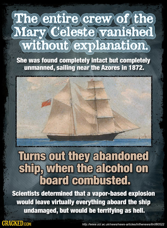The entire crew of the Mary Celeste vanished without explanation, She was found completely intact but completely unmanned, sailing near the Azores in 