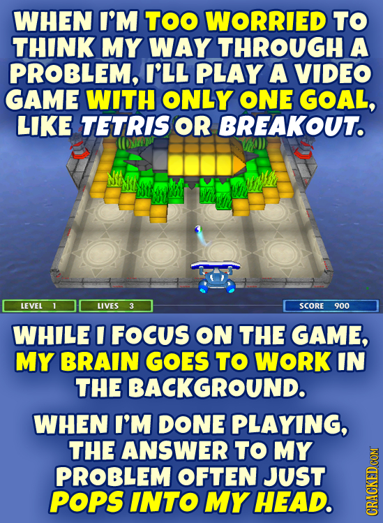 WHEN I'M TOO WORRIED TO THINK MY WAY THROUGH A PROBLEM, I'LL PLAY A VIDEO GAME WITH ONLY ONE GOAL, LIKE TETRIS OR BREAKOUT. LEVEL 1 LIVES 3 SCORE 900