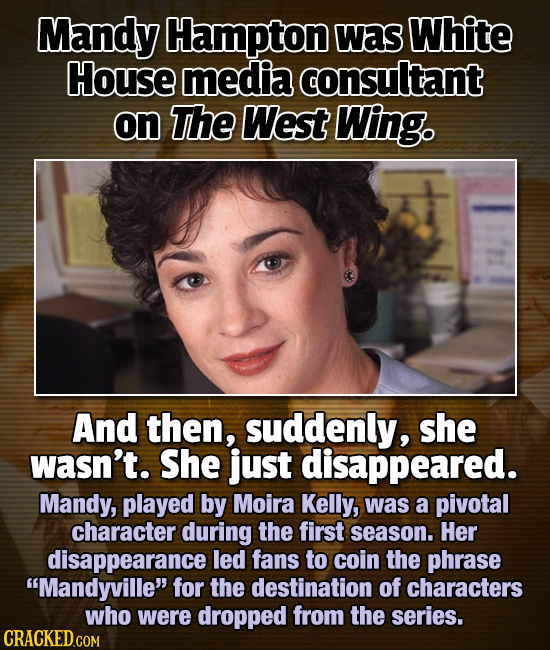 Mandy Hampton Was White House media consultant on The West Wing. And then, suddenly, she wasn't. She just disappeared. Mandy, played by Moira Kelly, w