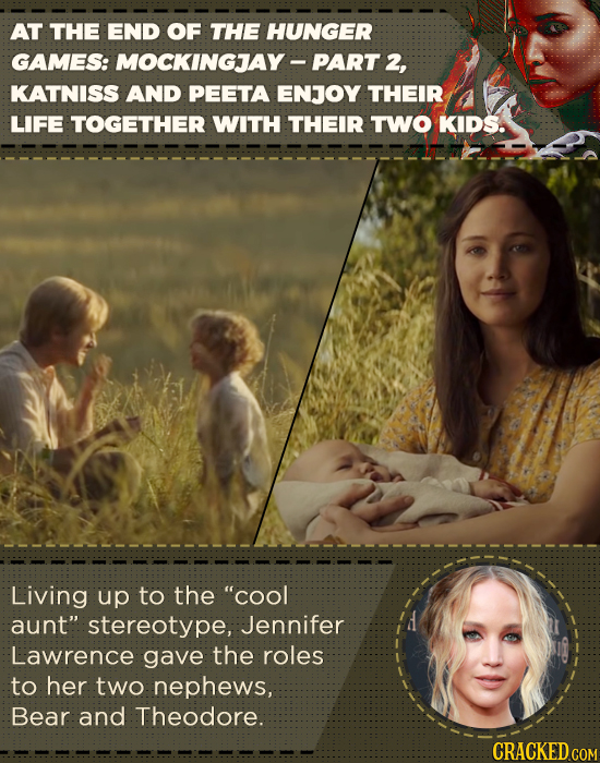 AT THE END OF THE HUNGER GAMES: MOCKINGJAY- PART 2, KATNISS AND PEETA ENJOY THEIR LIFE TOGETHER WITH THEIR TWO KIDS. Living up to the COol aunt ster