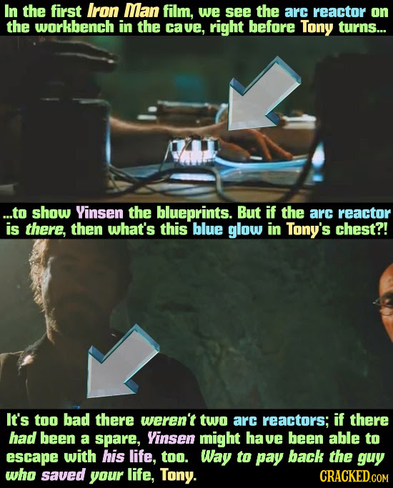 In the first Iron Man film, we see the arc reactor on the workbench in the cave, right before Tony turns... ...to show Yinsen the blueprints. But if t