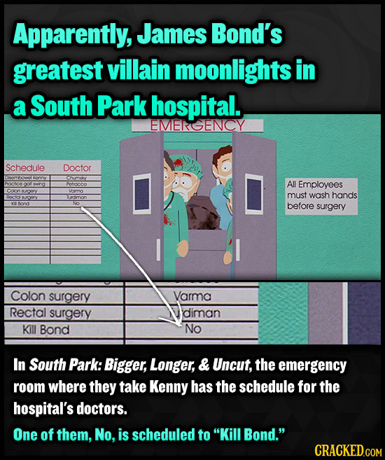 Apparently, James Bond's greatest villain moonlights in a South Park hospital. EMERGENCY Schedule Doctor Cuurnexy Potocoo All Employees Coron emo must
