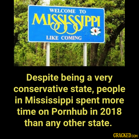MISSISSIPPI WELCOME TO LIKE COMING Despite being a very conservative state, people in Mississippi spent more time on Pornhub in 2018 than any other st