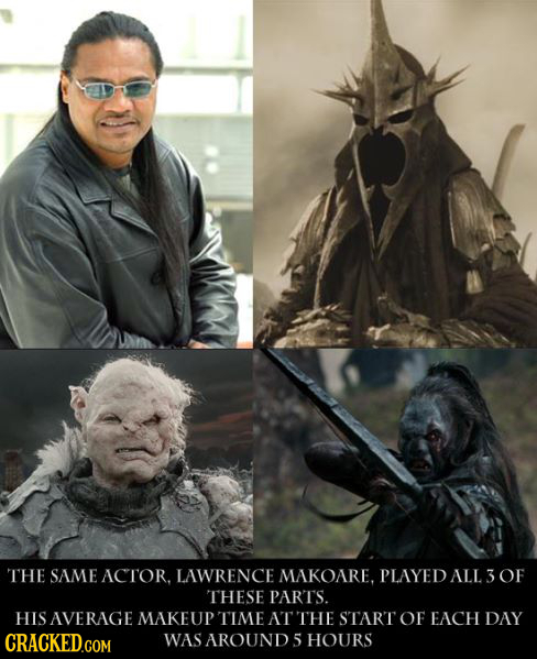 THE SAME ACTOR. LAWRENCE MAKOARE, PLAYED ALL OF THESE PARTS. HIS AVERAGE MAKEUP TIME AT THE START OF EACH DAY WAS AROUND 5 HOURS