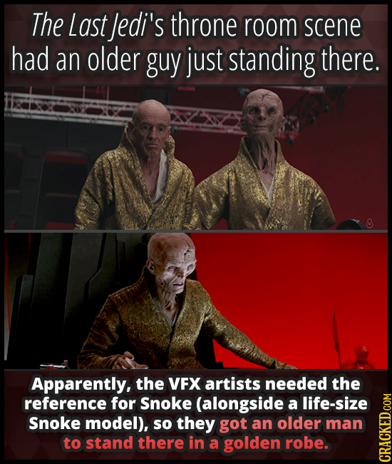 The Last Jedi's throne room scene had an older guy just standing there. Apparently, the VFX artists needed the reference for Snoke (alongside a life-s